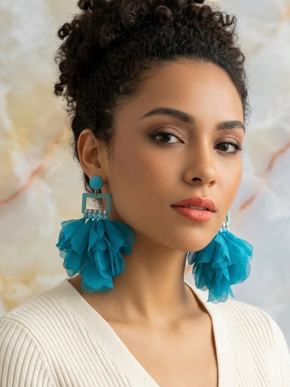 Turquoise Floral Chiffon Drop Earrings - Women Jewelry